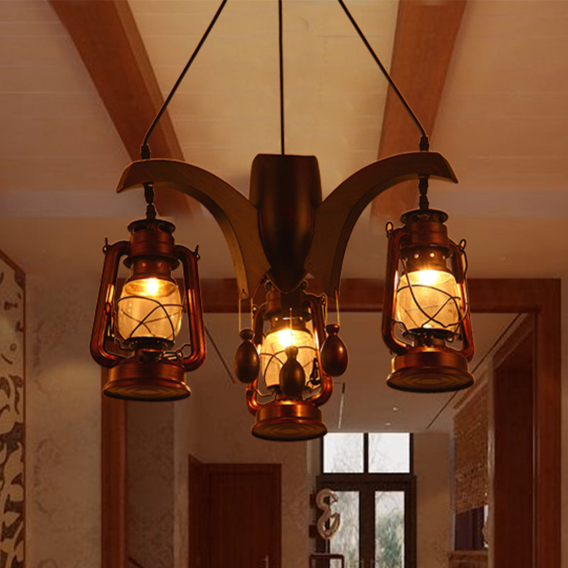 Industrial Kerosene Chandelier Lamp 3 Lights Clear Glass Hanging Ceiling Light in Dark Wood for Living Room