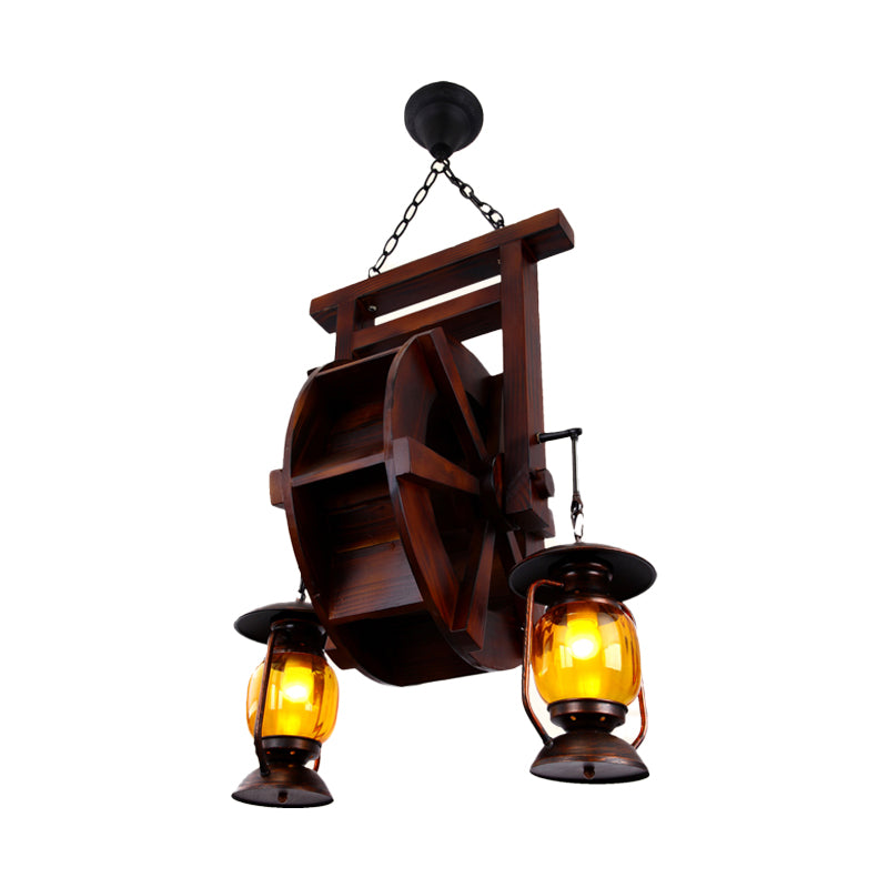 Dark Wood 3 Lights Chandelier Lighting Fixture Warehouse Amber Glass Lantern Hanging Lamp Kit