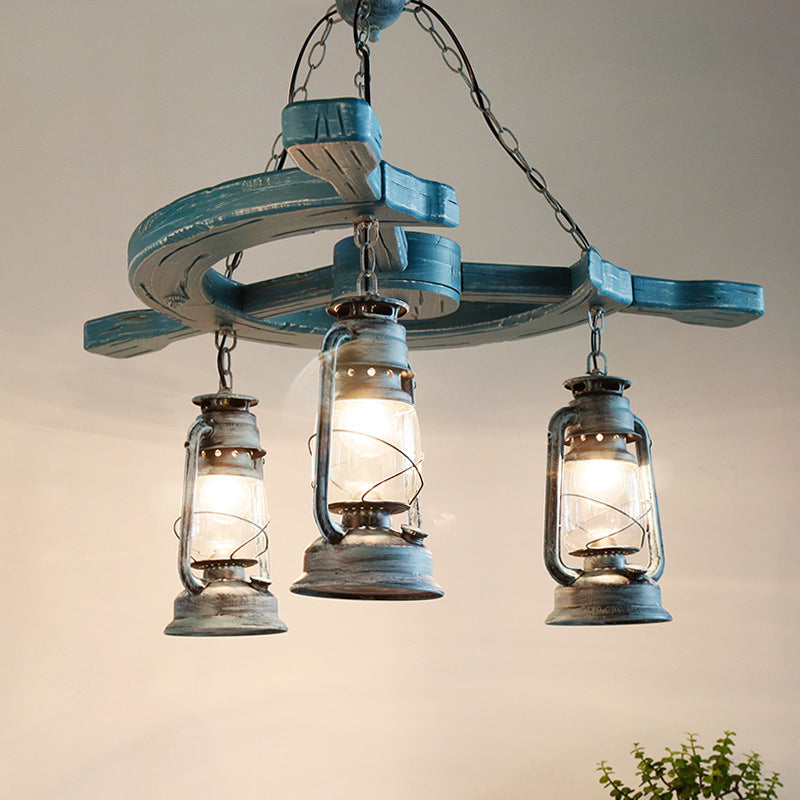 3 Lights Living Room Chandelier Light Industrial Blue Pendant with Kerosene Clear Glass Shade