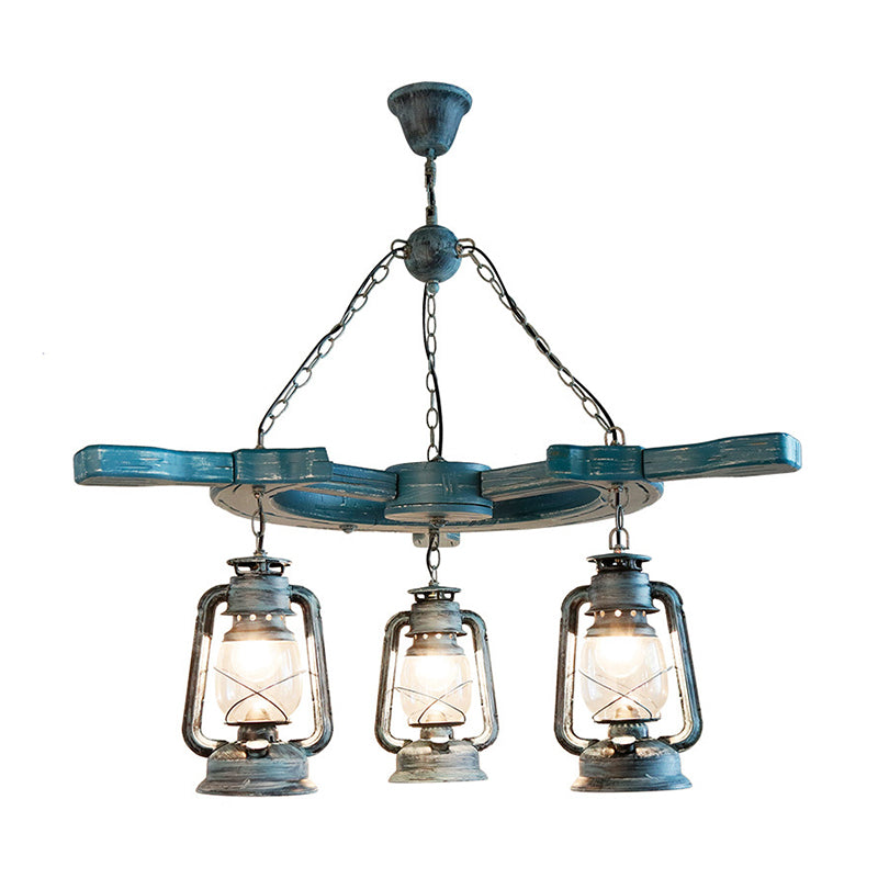 3 Lights Living Room Chandelier Light Industrial Blue Pendant with Kerosene Clear Glass Shade