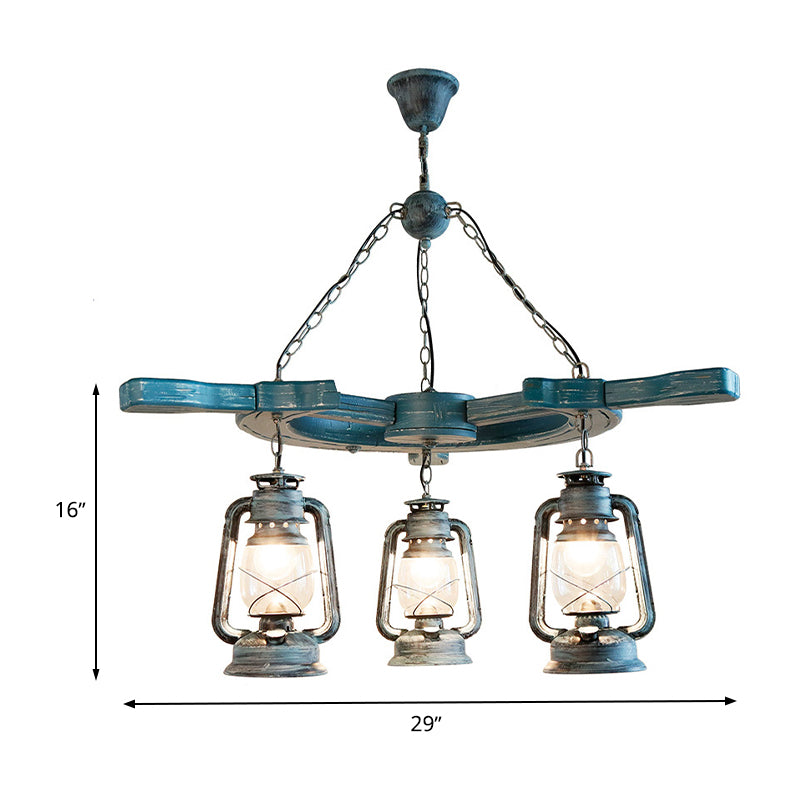 3 Lights Living Room Chandelier Light Industrial Blue Pendant with Kerosene Clear Glass Shade
