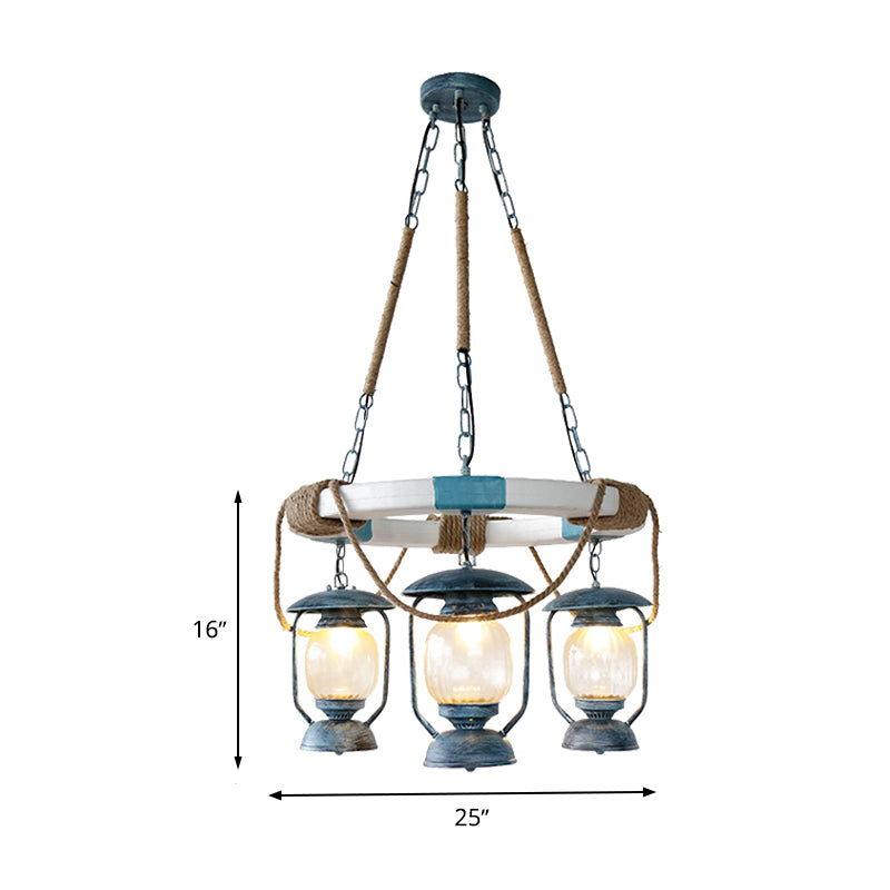 3 Lights Chandelier Lighting Factory Lantern Clear Glass Hanging Light Fixture in Blue