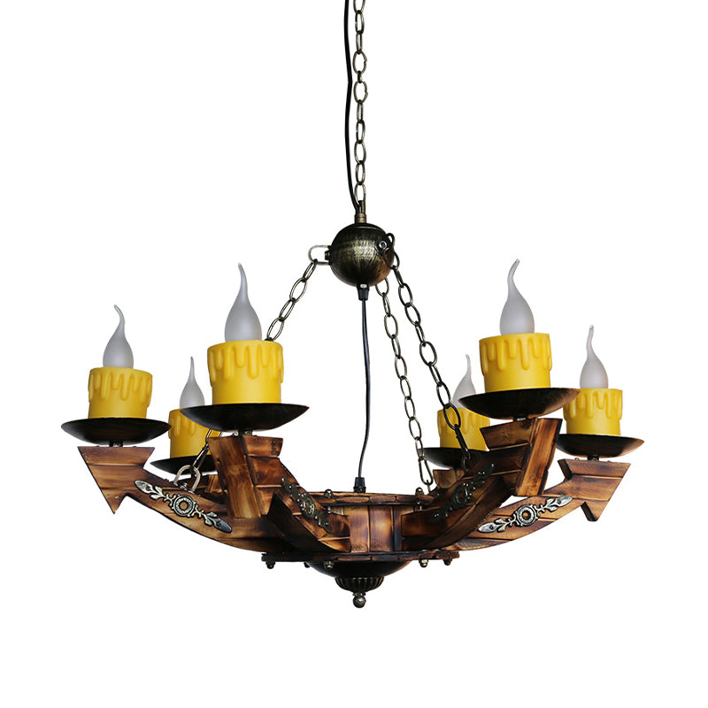 6 Lights Candle Chandelier Lamp Farmhouse Dark Wood Resin Pendant Lighting for Restaurant