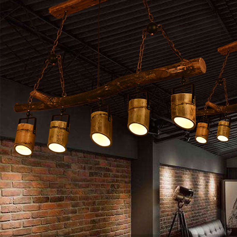 Wood Linear Island Pendant Light Farmhouse Bamboo 5 Lights Restaurant Hanging Lamp