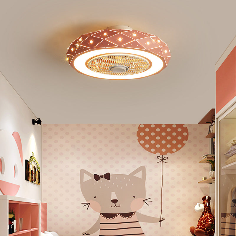 Macaron Drum Shaped Ceiling Fan Metal Child Bedroom LED Semi Flush Light