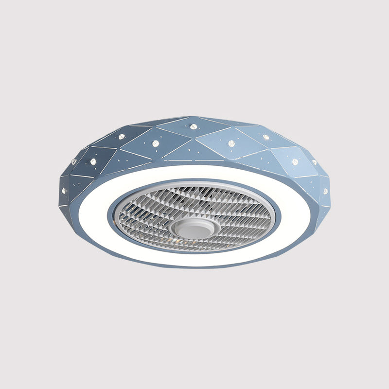 Macaron Drum Shaped Ceiling Fan Metal Child Bedroom LED Semi Flush Light