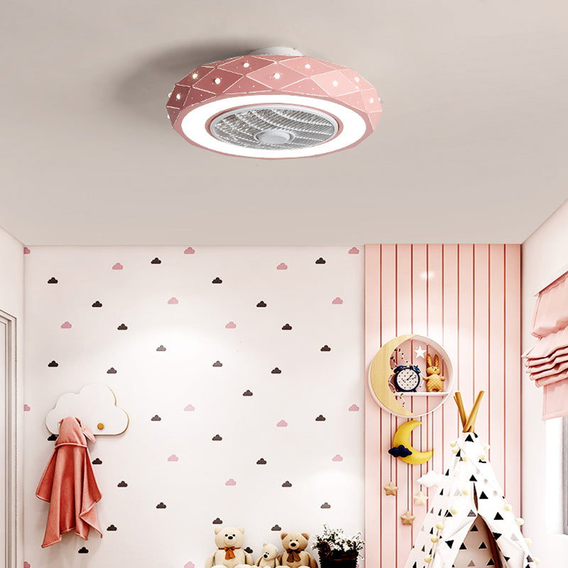 Macaron Drum Shaped Ceiling Fan Metal Child Bedroom LED Semi Flush Light