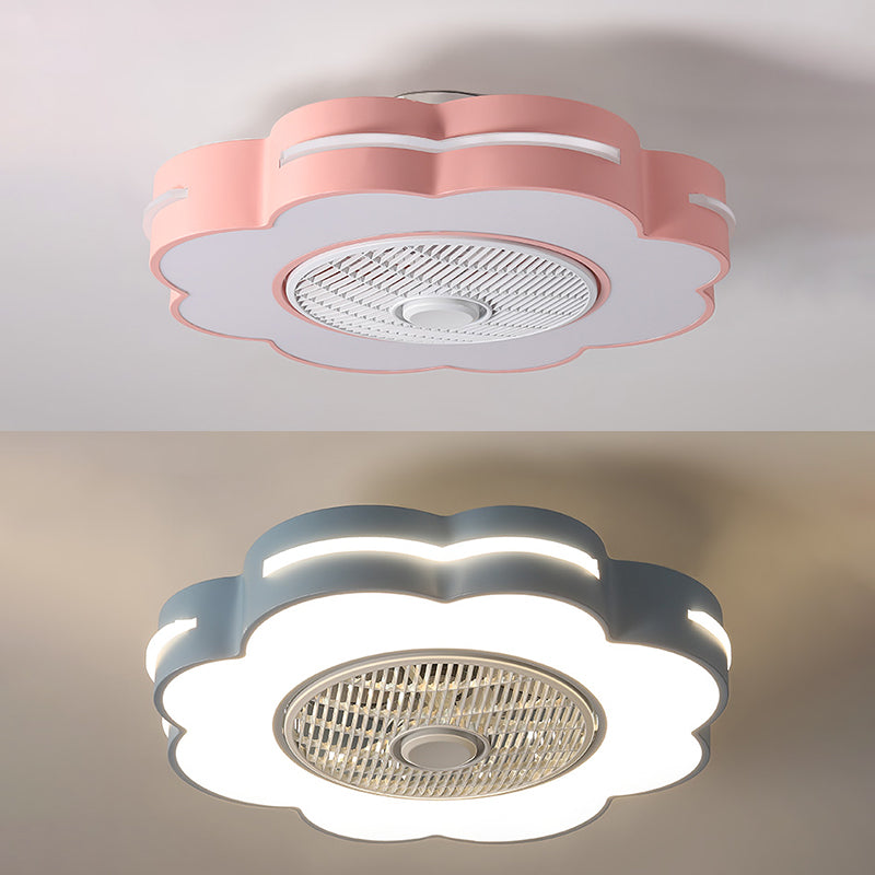 Macaron Drum Shaped Ceiling Fan Metal Child Bedroom LED Semi Flush Light