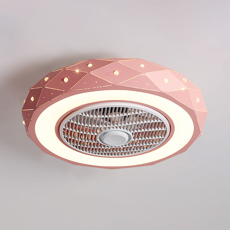 Macaron Drum Shaped Ceiling Fan Metal Child Bedroom LED Semi Flush Light