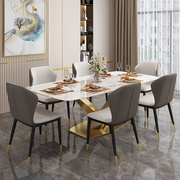 Minimalist Style Sintered Stone Dining Room Set with White Table and Gold Trestle Base for Home Use