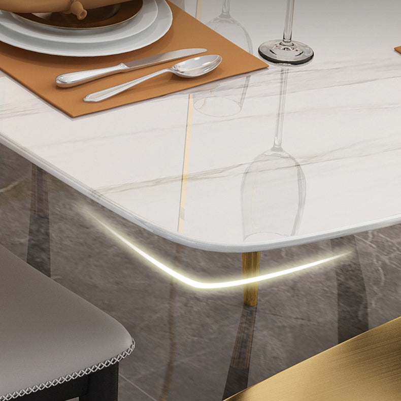 Minimalist Style Sintered Stone Dining Room Set with White Table and Gold Trestle Base for Home Use