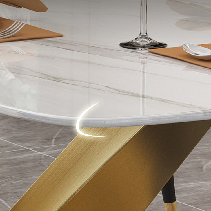 Minimalist Style Sintered Stone Dining Room Set with White Table and Gold Trestle Base for Home Use