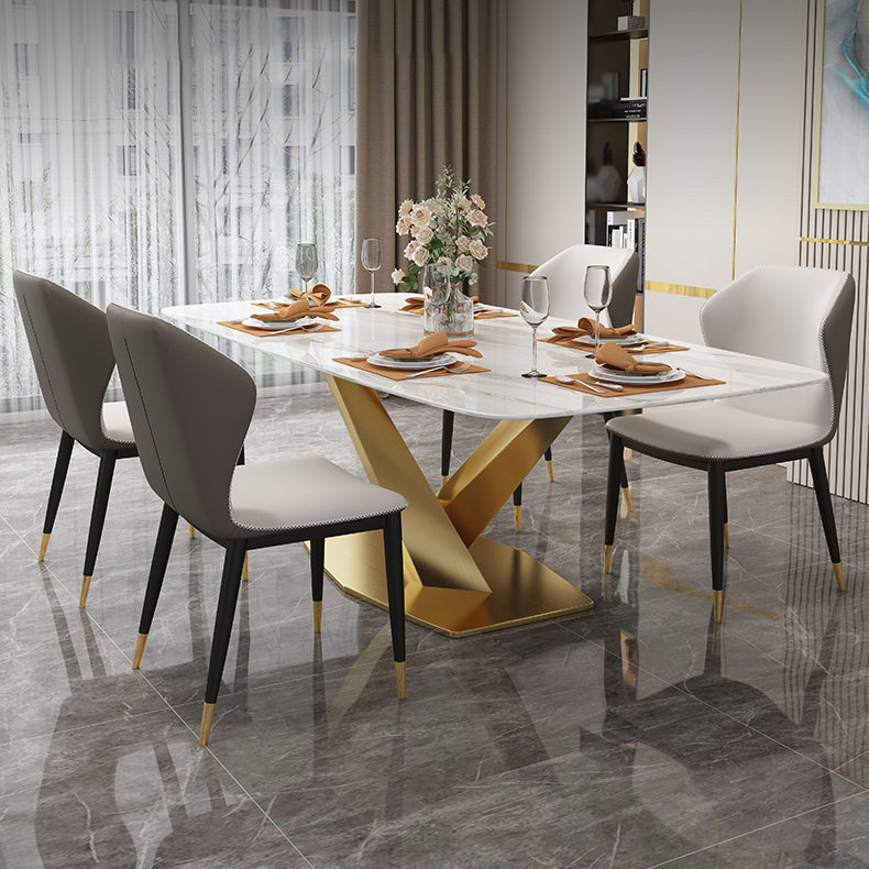 Minimalist Style Sintered Stone Dining Room Set with White Table and Gold Trestle Base for Home Use