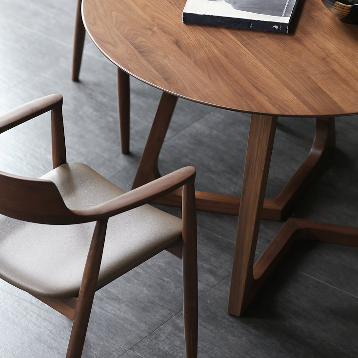 Round Contemporary Fixed Solid Wood Dining Room Table with Solid Wood Legs Kitchen Dining Set