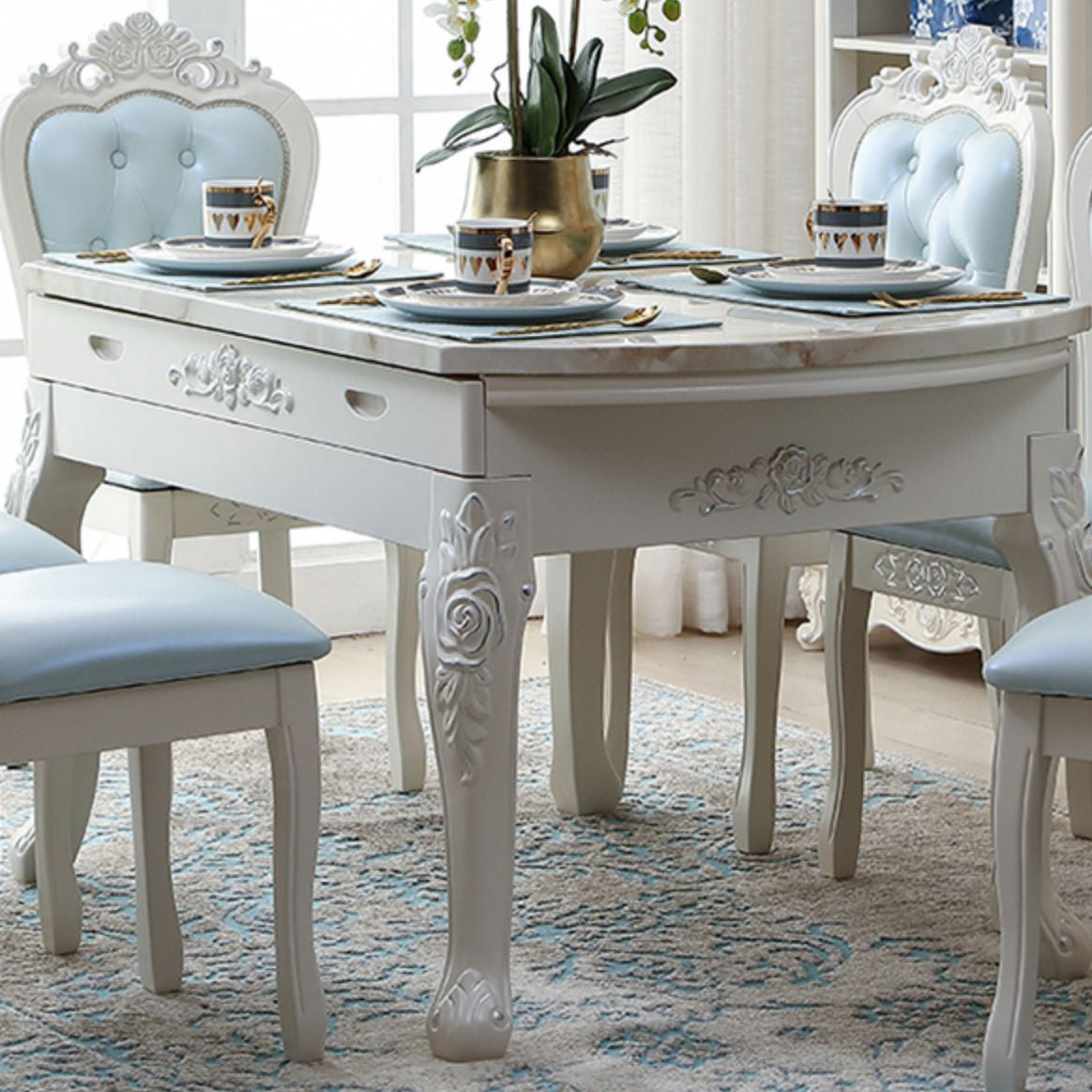 Victorian Dining Room Set Standard Height with Rectangle Top 4 Legs Base Dining Furniture