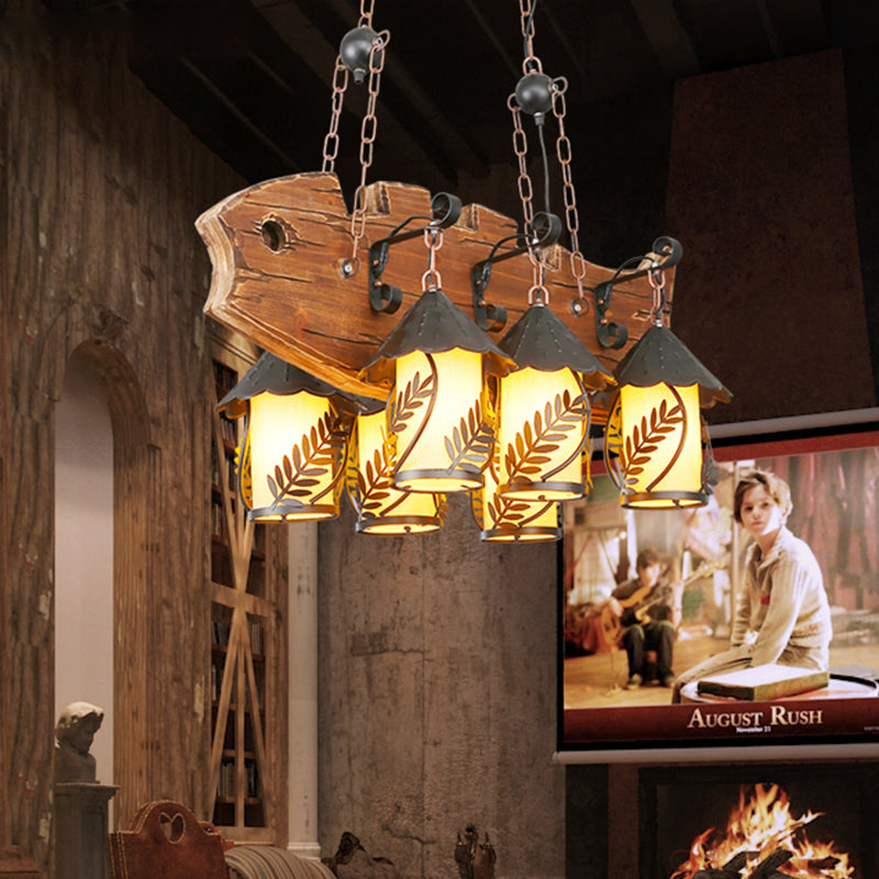 6 luces Lámpara de la isla Fábrica de tela blanca en forma de pescado/lámpara colgante de vidrio transparente en negro para comedor con brazo de metal