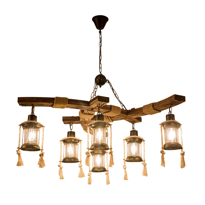 Lantern Restaurant Island Light Warehouse Clear Glass 6 Lights Wood Hanging Lamp