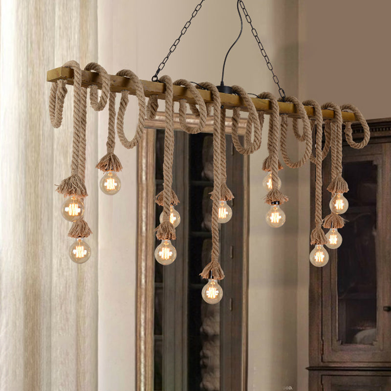 Lustre en bois beige en bois linéaire 5/8 lumières suspendues de style industriel pour salle à manger