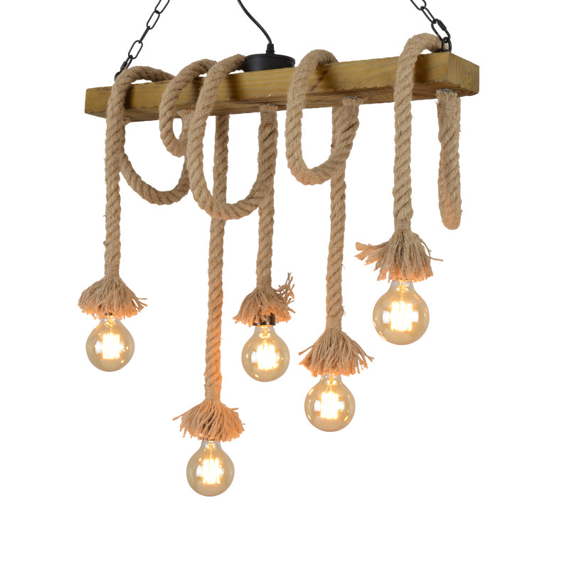 Wood Beige Island Chandelier Linear 5/8 Lights Industrial-Style Pendant Lamp for Dining Room