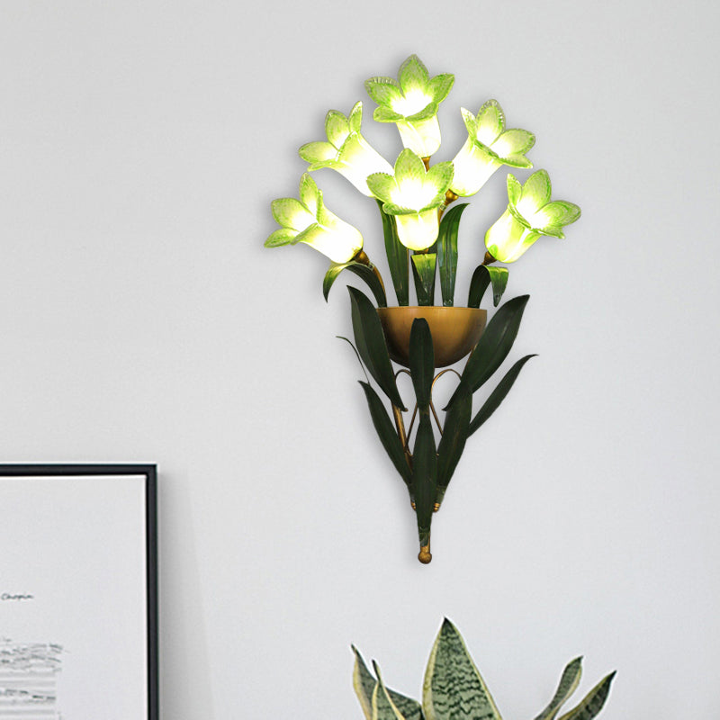 Green/Purple Glass Morning Glory Sconce 6/10 Lights Bedroom Wall Light Fixture with Leaf Deco