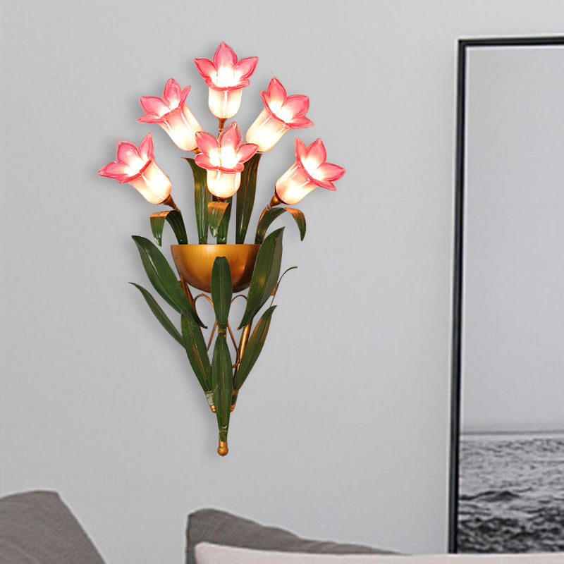 Green/Purple Glass Morning Glory Sconce 6/10 Lights Bedroom Wall Light Fixture with Leaf Deco