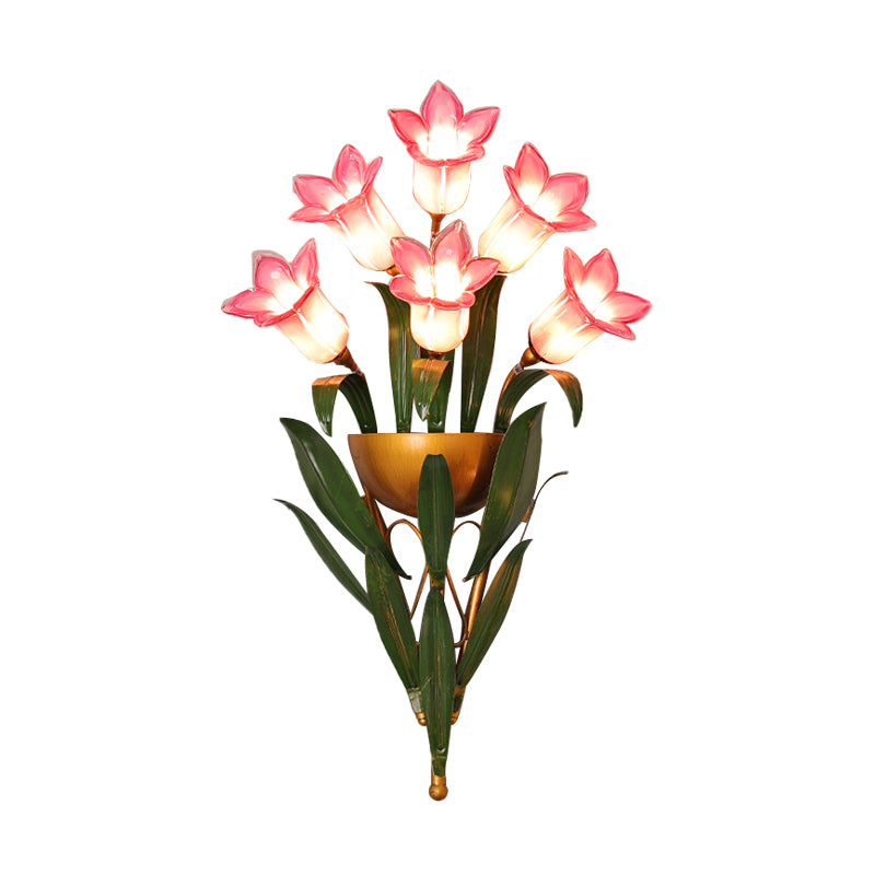 Green/Purple Glass Morning Glory Sconce 6/10 Lights Bedroom Wall Light Fixture with Leaf Deco