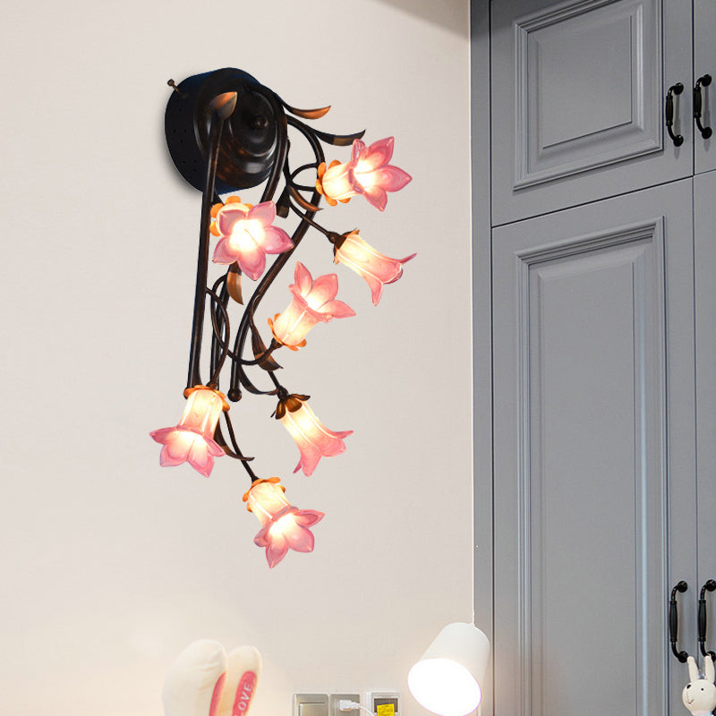 Rustic Blossom Wall Mounted Lamp 7 Lights White/Green/Purple Glass Sconce Gold for Living Room