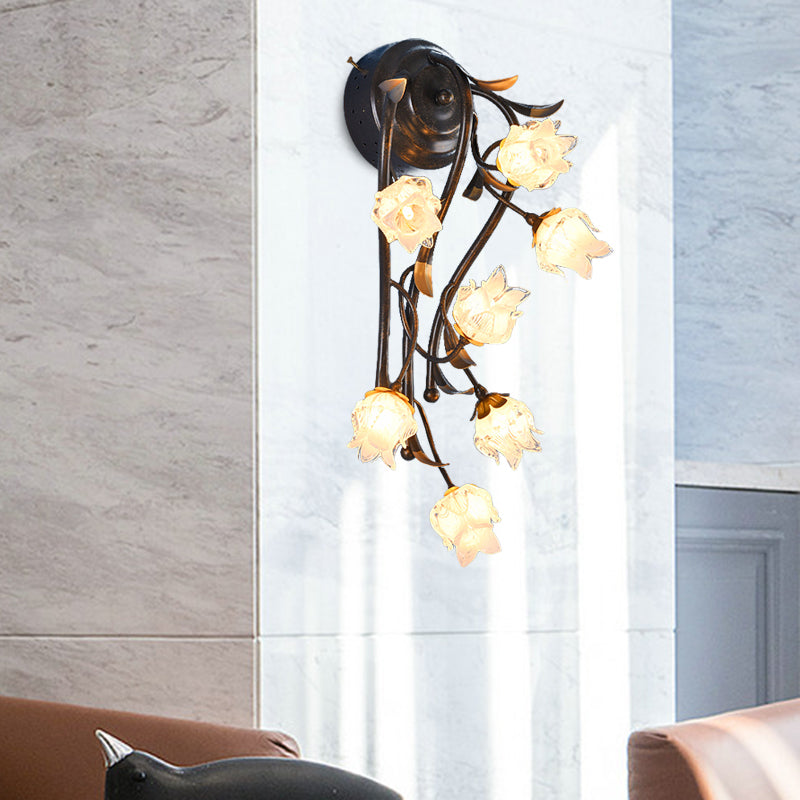 7 Lights Wall Mounted Light Rustic-Style Blossom Shaped Clear Glass Sconce in Bronze for Bedroom