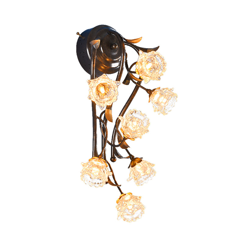 7 Lights Wall Mounted Light Rustic-Style Blossom Shaped Clear Glass Sconce in Bronze for Bedroom