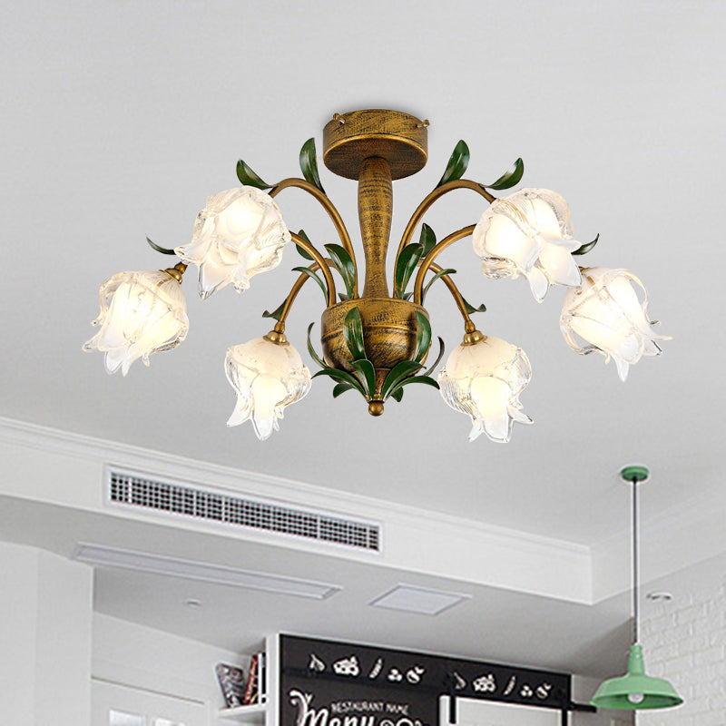 Camera da letto Blossom Semi Flush Light Countryside Bianco/Giallo in vetro 6 luci Accensione del soffitto in ottone