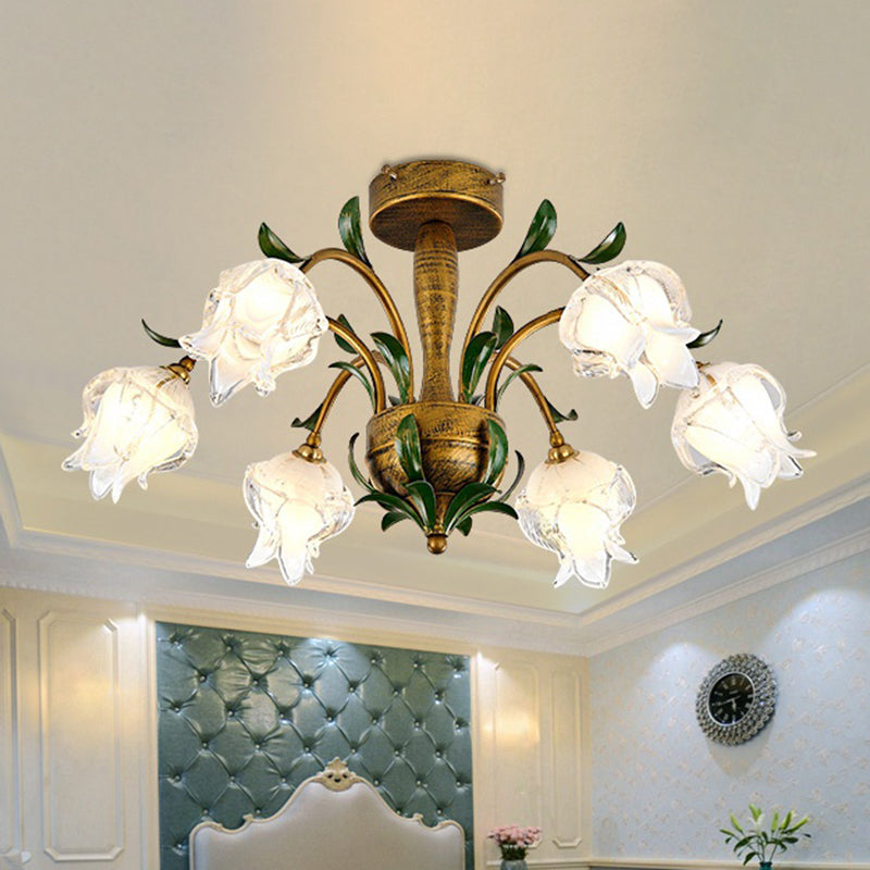 Bloesem slaapkamer semi -spoel licht platteland wit/geel glas 6 lichten messing plafondverlichting