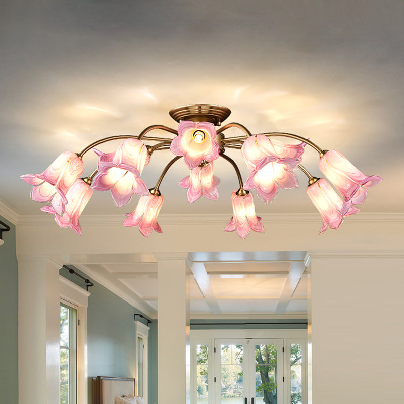 12 lichten semi -flush mount minimalisme bloesem wit/paars glas dicht bij plafondlamp voor slaapkamer