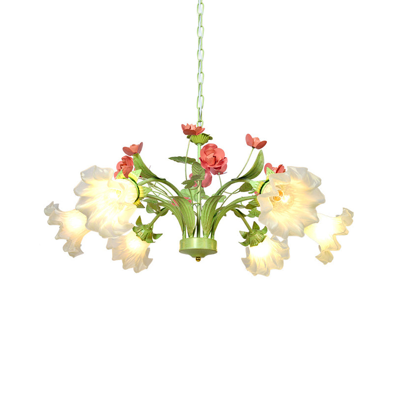 Pendentif suspendu à fleur traditionnelle 6 têtes Crème en verre lustre d'éclairage en vert pour chambre à coucher