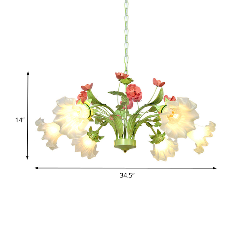 Pendentif suspendu à fleur traditionnelle 6 têtes Crème en verre lustre d'éclairage en vert pour chambre à coucher