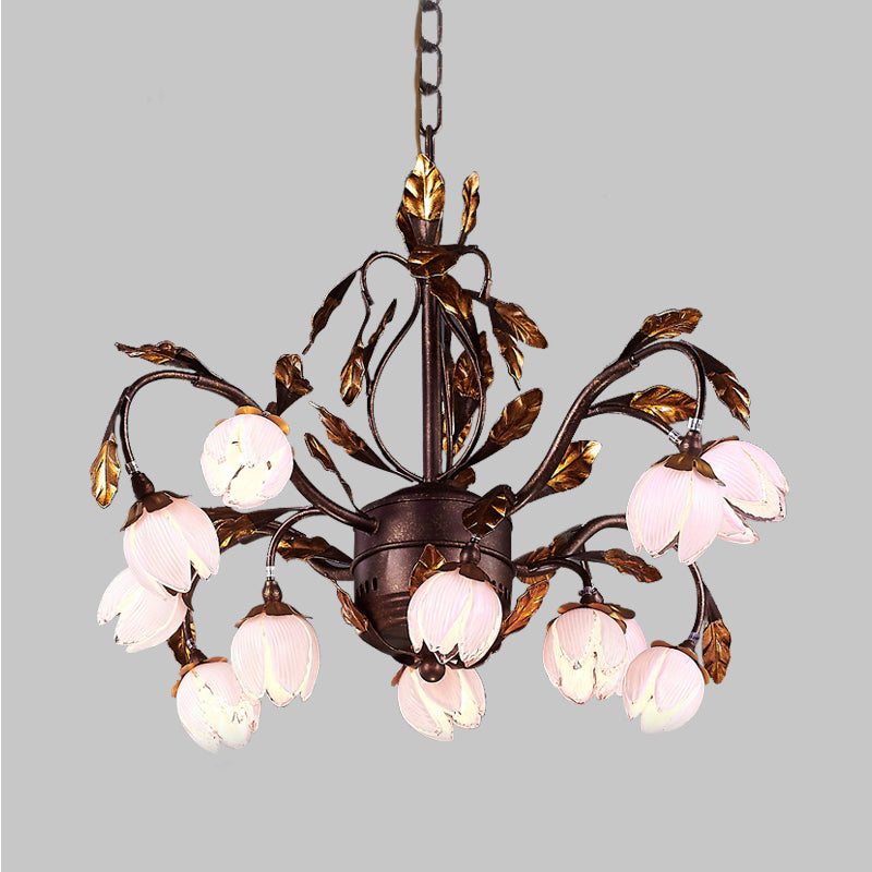 Purple Glass Blossom Chandelier Country Style 12 Heads Dining Room Pendant Light Fixture in Brown
