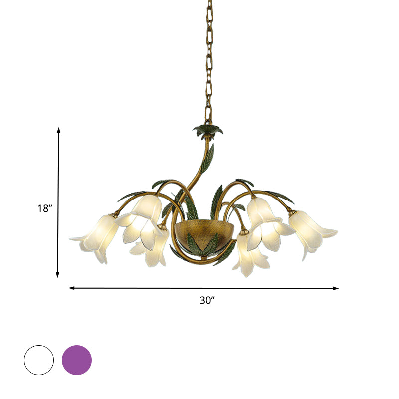 Brass 6 Heads Chandelier Lighting Vintage White/Purple Glass Bloom Pendant Ceiling Light for Bedroom