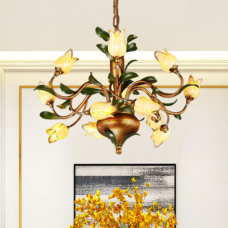 Traditional Blossom Chandelier Lighting Fixture 12 Heads Sandblasted Glass Pendant Ceiling Light in Brass
