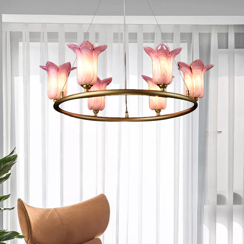 6 ampoules Évacuation du pendentif évasé Traditionalisée luminaire lustre à LED de verre violet pour le salon