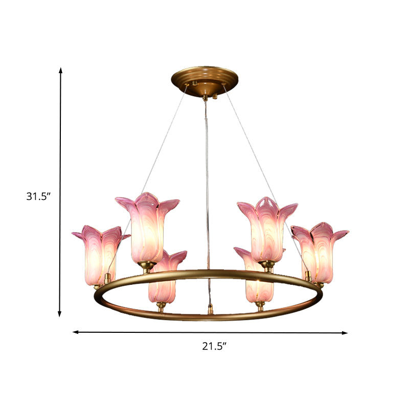 6 Bulbs Flared Pendant Lamp Traditionalism Purple Glass LED Chandelier Light Fixture for Living Room