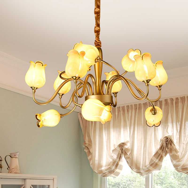 12 Lights Ceiling Chandelier Countryside Flower Beige Glass Hanging Light Fixture in Gold