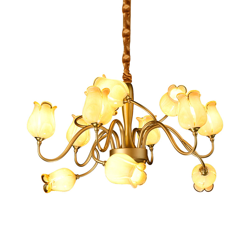 12 Lights Ceiling Chandelier Countryside Flower Beige Glass Hanging Light Fixture in Gold