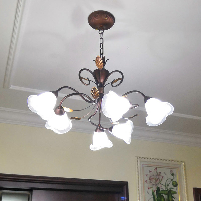 6 lumières chambre à coucher suspension du lustre rustique pendant marron rustique avec une teinte en verre de cloche opale