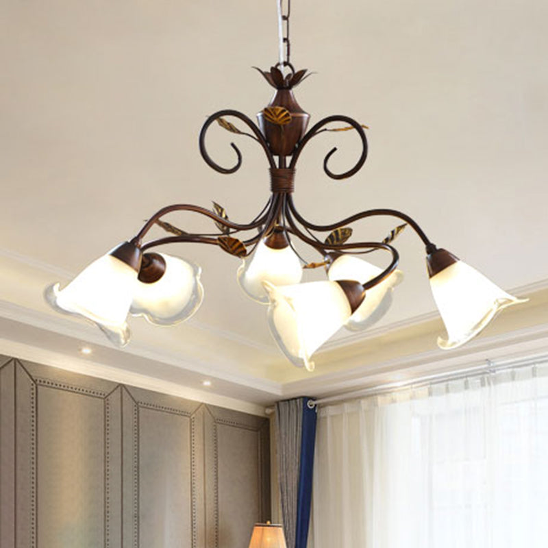 6 lumières chambre à coucher suspension du lustre rustique pendant marron rustique avec une teinte en verre de cloche opale