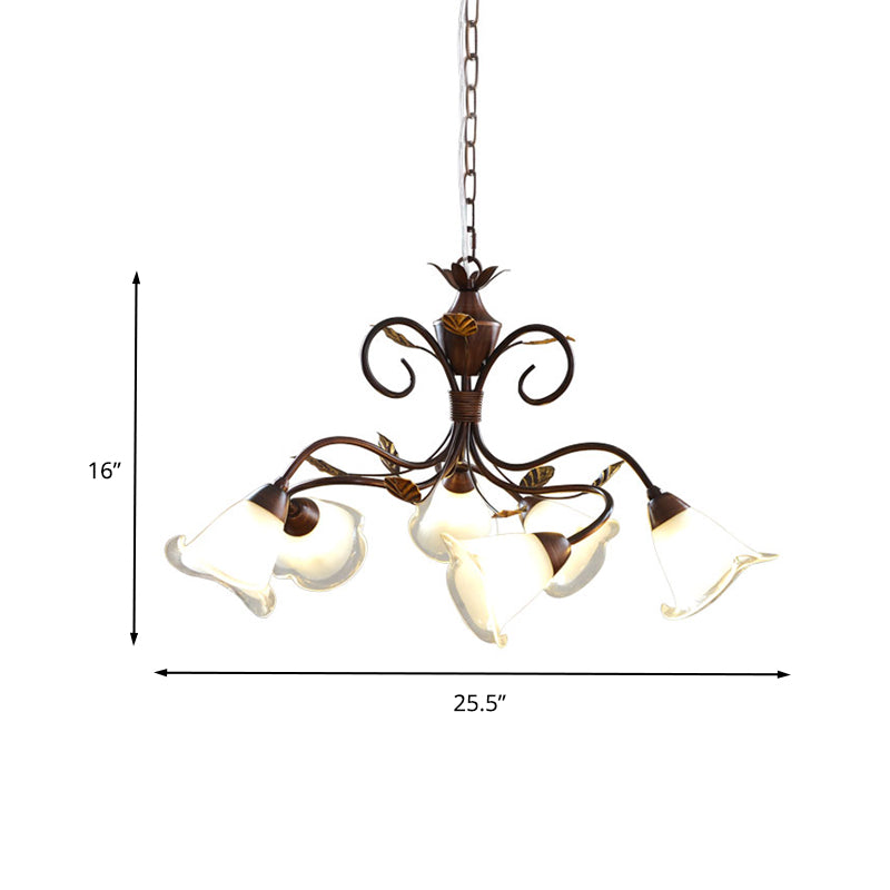 6 lumières chambre à coucher suspension du lustre rustique pendant marron rustique avec une teinte en verre de cloche opale