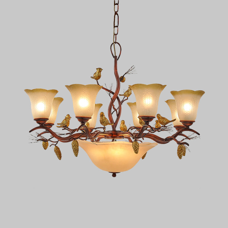Bell Living Room Chandelier Light Lodge Milky Glass 11 Lights Brown Pendant Lamp