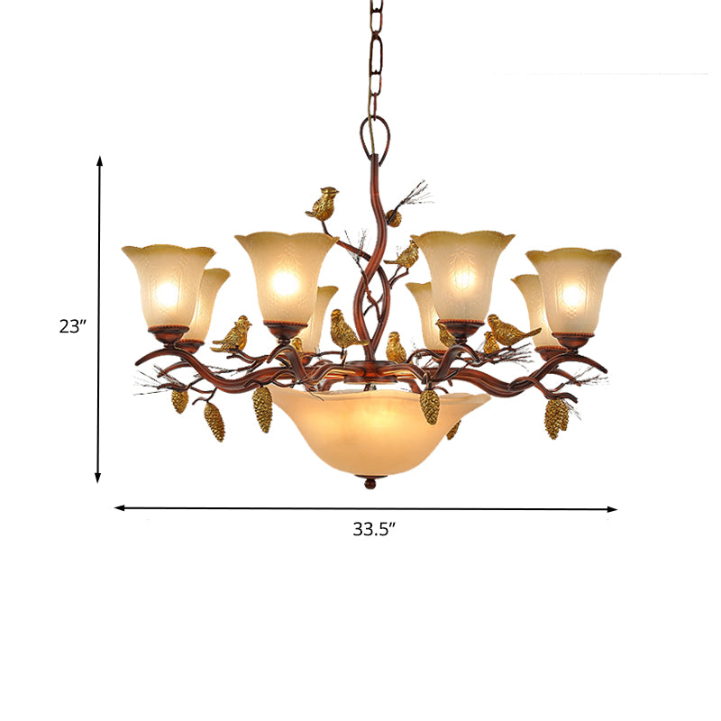 Bell Living Room Chandelier Light Lodge Milky Glass 11 Lights Brown Pendant Lamp