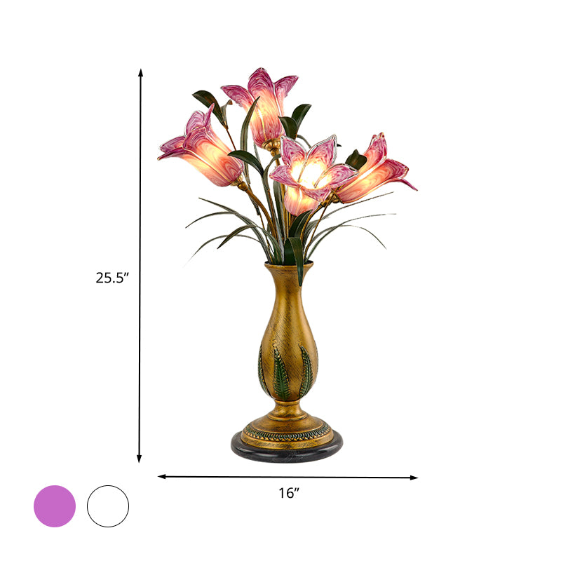 White/Purple Glass Floral Table Light Traditional-Style 4 Lights Bedroom Nightstand Lamp