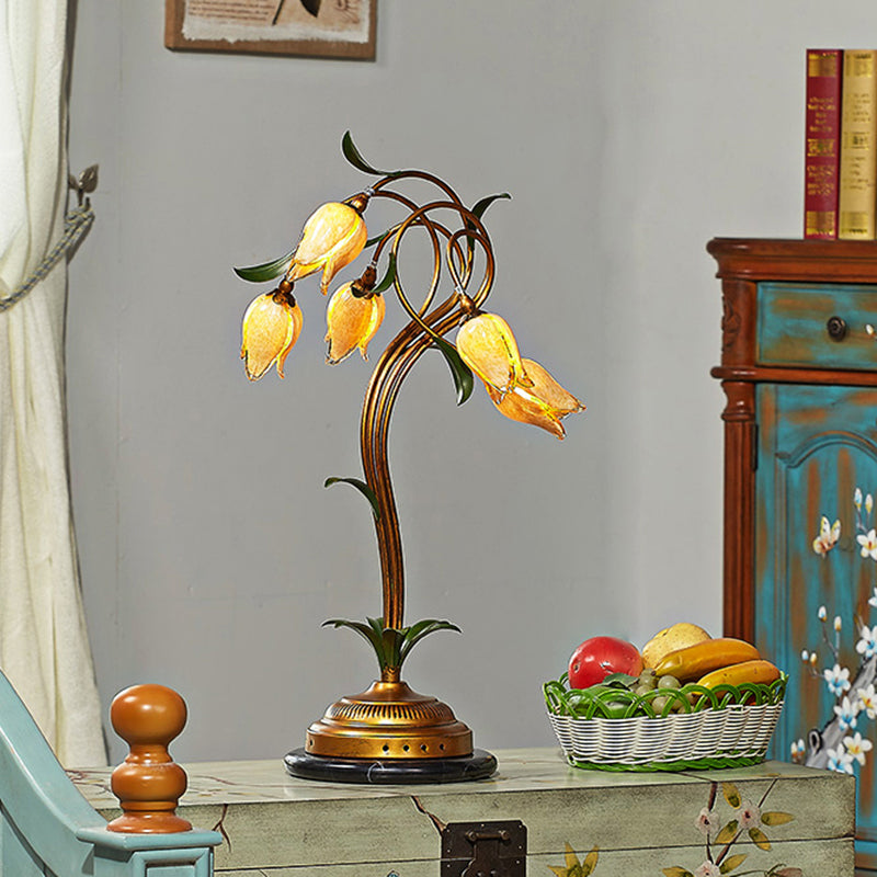 5 Lights Night Table Light Traditional Tulip-Shaped Beige Glass Nightstand Lamp in Brass