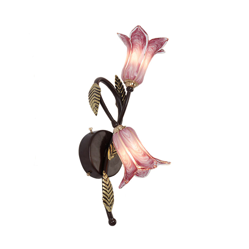 Swooping Arm White/Purple Glass Wall Lamp Countryside 2 Lights Bedroom Sconce Light Fixture in Black/Gold