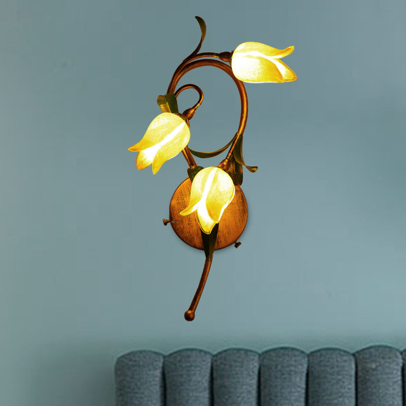 Blossom Bedroom Sconce Traditional-Style Yellow Glass 3 Lights Brass Wall Lighting Fixture